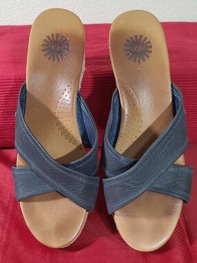 UGG Gwyn Navy Leather Espadrille Wedge Sandal Women 7 Crisscross Slide Mule